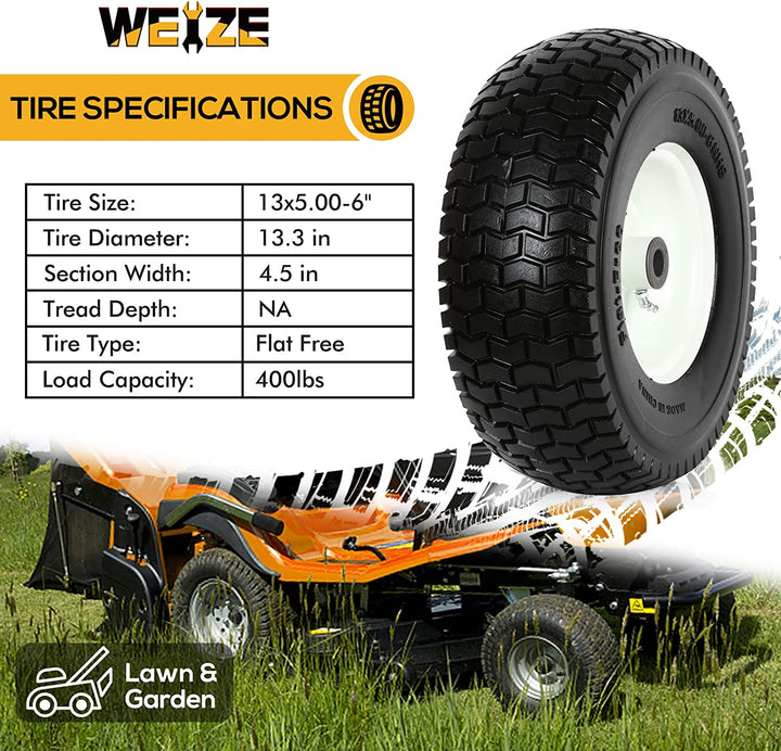 13x5.00-6 Flat Free Tire and Rim, 3" Centered Hub, 3/4" Bushing, 13x5-6 Tractor Lawn Mower Turf Tire, 400lbs Capacity, Set of 2 WEIZE