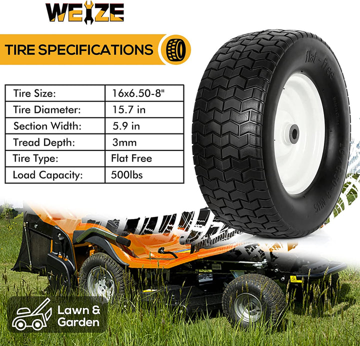 16x6.50-8 Flat Free Lawn Mower Tires with Rim, 3" Centered Hub, 3/4" Bushing, 16x6.5-8 Tractor Turf Tire, 500lbs Capacity, Set of 2 WEIZE