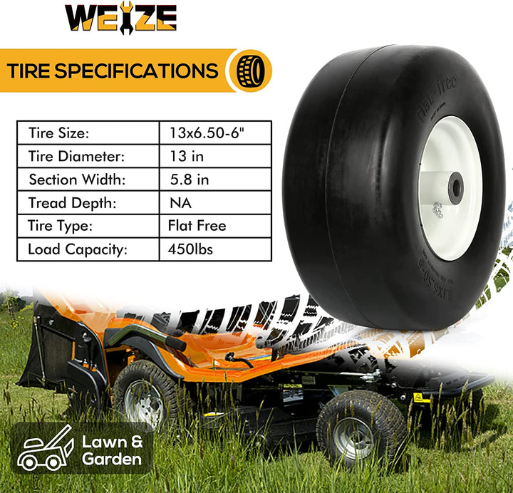 13x6.50-6 Flat Free Lawn Tire with Rim, 5.5" Centered Hub, 3/4" Bushing, 13x6.5-6 Mower Tractor Turf Tire, 450lbs Capacity, Set of 2 WEIZE