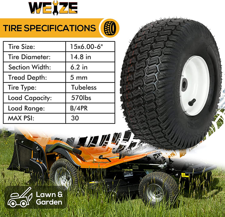 15x6.00-6 Lawn Mower Tires with Rim, 3" Offset Hub, 3/4" Bushing, 4 Ply Tubeless, 15x6-6 Tractor Turf Tire, 570lbs Capacity, Set of 2 WEIZE