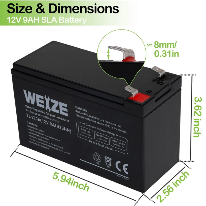 2-PACK 12V 9AH Sealed Lead Acid Battery with F2 Terminals, Rechargeable Replaces 12 Volt 8AH 10AH for Razor e200 / e200s / e225 / e300, APC UPS Computer Backup Power (BX1300LCD) WEIZE