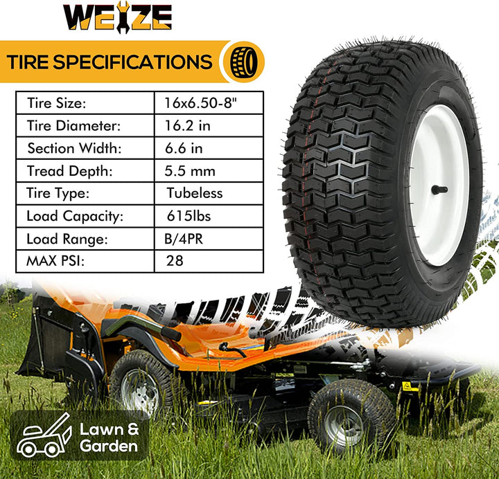 16x6.50-8 Lawn Mower Tires with Rim, 3" Offset Hub, 3/4" Bearing, 16x6.5-8 Tractor Turf Tire, 4 Ply Tubeless, 615lbs Capacity, Set of 2 WEIZE