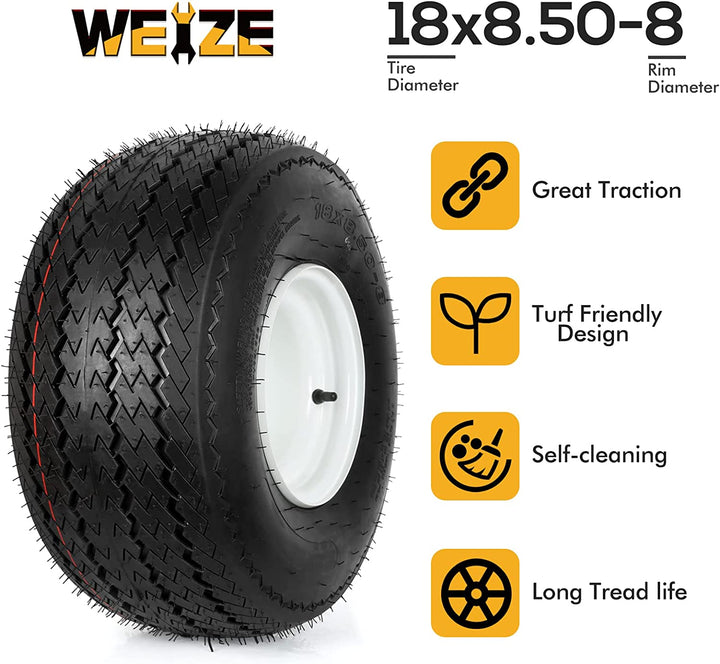 18x8.50-8 Lawn Mower Tires with Rim, 18x8.5-8 Tractor Turf Tire, 4 Ply Tubeless, 815lbs Capacity, Set of 2 WEIZE