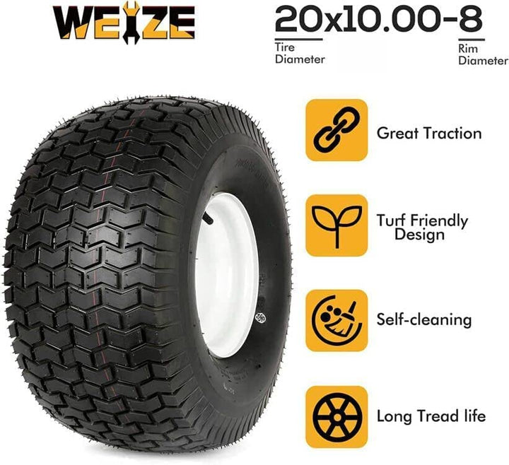 20x10.00-8 Lawn Tires with Rim, Tubeless, 3.5" Offset Hub, 0.757" Bushing with Keyway, 20x10-8 Mower Tractor Turf Tire, 760lbs Capacity, Set of 2 WEIZE