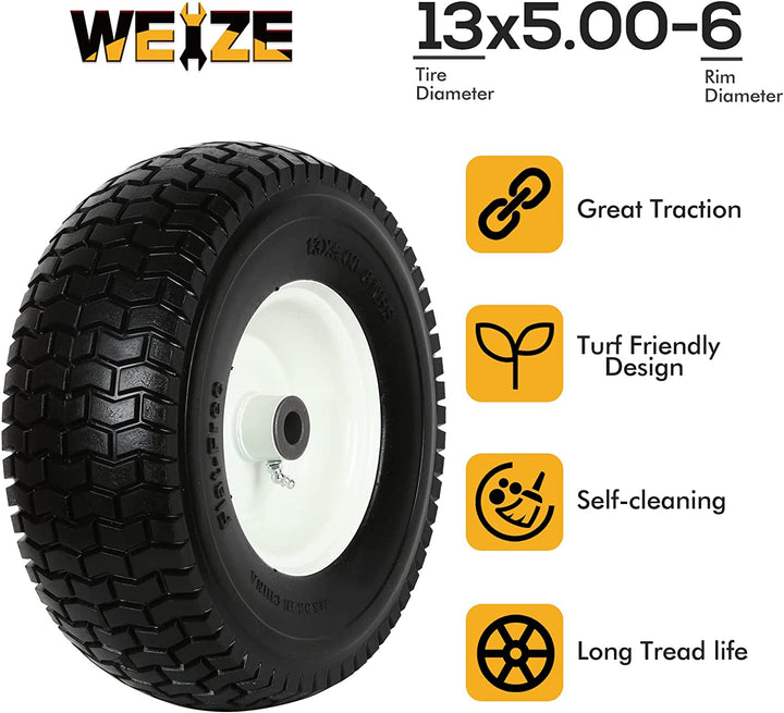 13x5.00-6 Flat Free Tire and Rim, 3" Centered Hub, 3/4" Bushing, 13x5-6 Tractor Lawn Mower Turf Tire, 400lbs Capacity, Set of 2 WEIZE