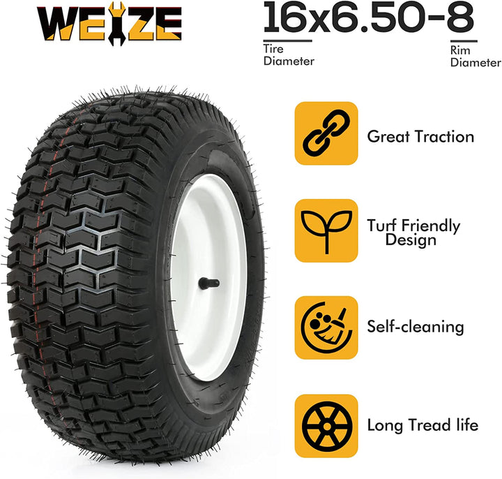 16x6.50-8 Lawn Mower Tires with Rim, 3" Offset Hub, 3/4" Bearing, 16x6.5-8 Tractor Turf Tire, 4 Ply Tubeless, 615lbs Capacity, Set of 2 WEIZE