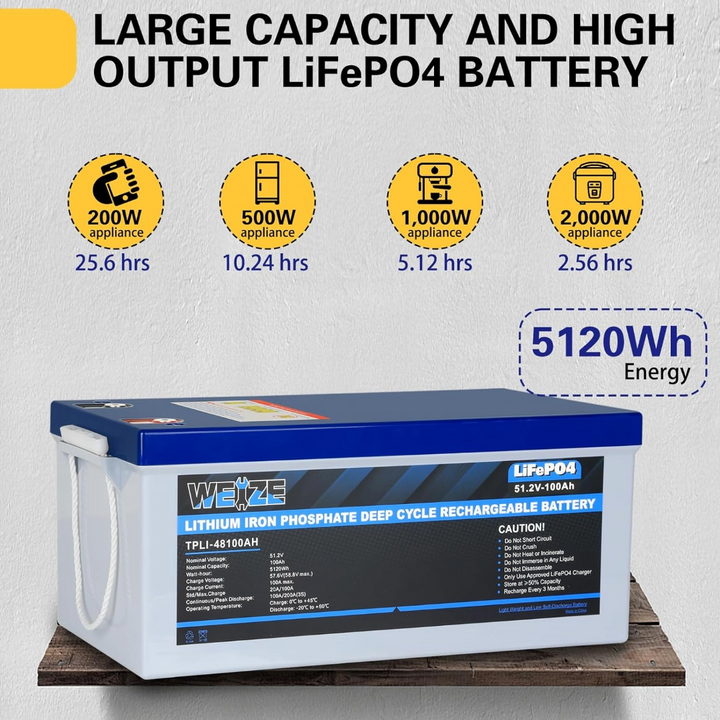 WEIZE 48V 100Ah LiFePO4 Lithium Battery, Built-in 100A Smart BMS, Up to 8000 Deep Cycles, Perfect for RV, Solar System, Marine, and Off Grid Applications WEIZE