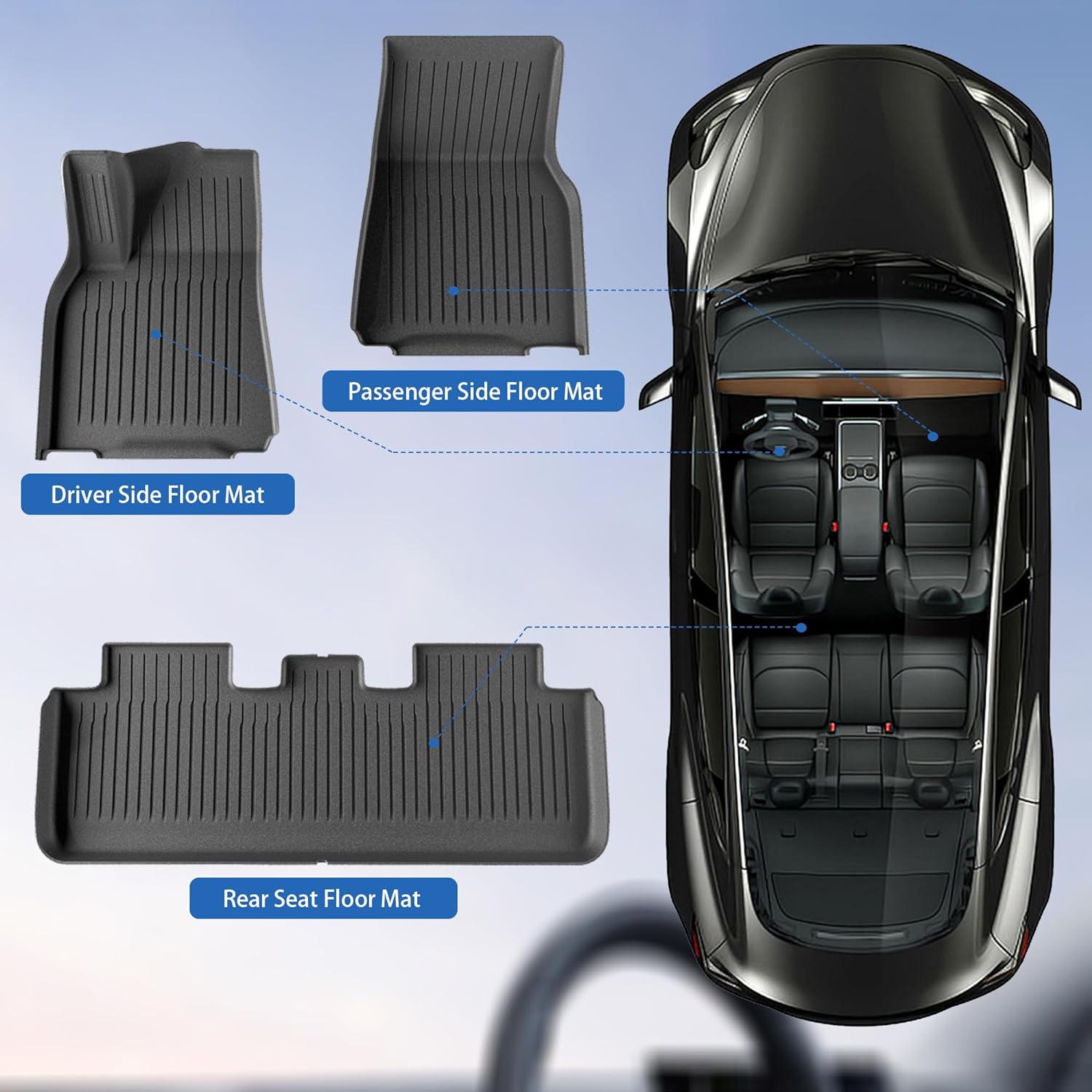 WEIZE Floor Mats Compatible with 2021-2023 2024 Tesla Model Y 5 Seats, All Weather TPE Waterproof Anti-Slip Cargo Liners Accessories, Custom fit Front & Rear Full Set Car Mats WEIZE