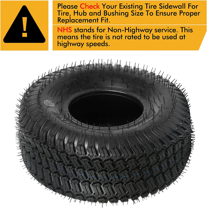 15x6.00-6 Lawn Mower Tire, 15x6-6 Tractor Turf Tire, 4 ply Tubeless, 570lbs Capacity, Set of 2 WEIZE