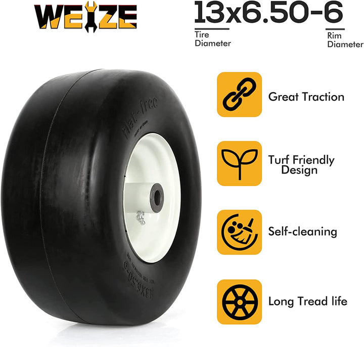13x6.50-6 Flat Free Lawn Tire with Rim, 5.5" Centered Hub, 3/4" Bushing, 13x6.5-6 Mower Tractor Turf Tire, 450lbs Capacity, Set of 2 WEIZE