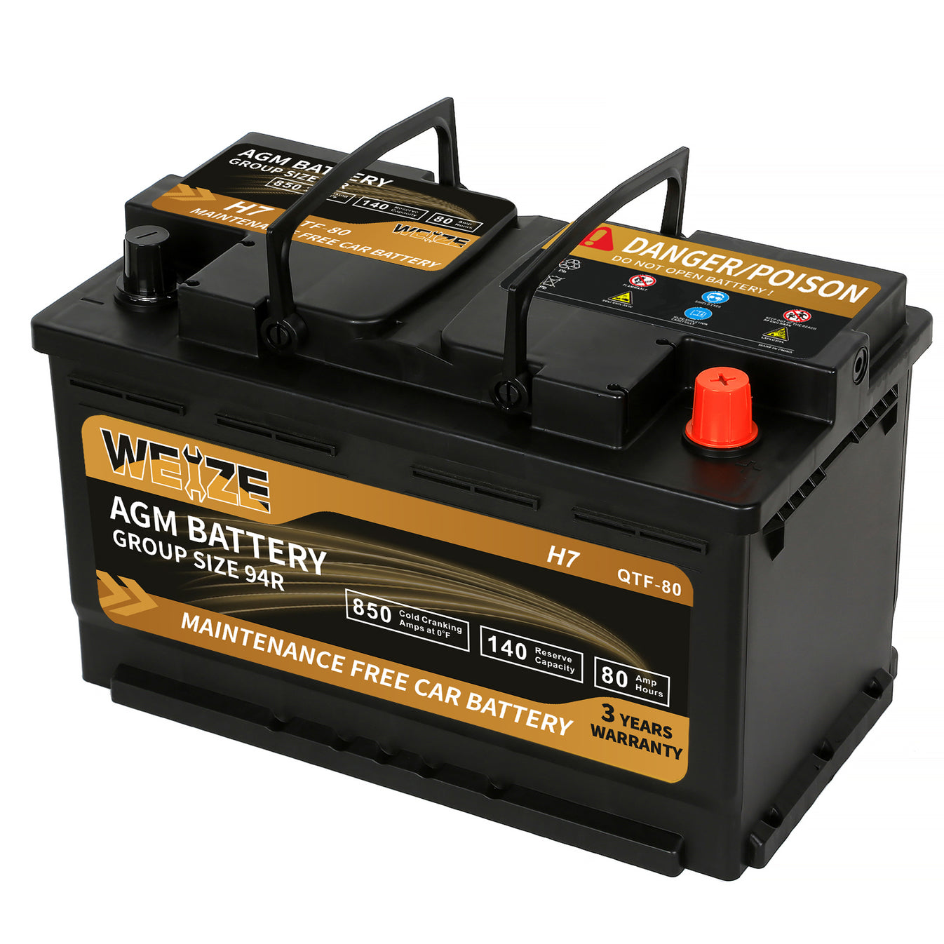 WEIZE Platinum AGM Car Battery BCI Group 94R - 12V 80Ah H7