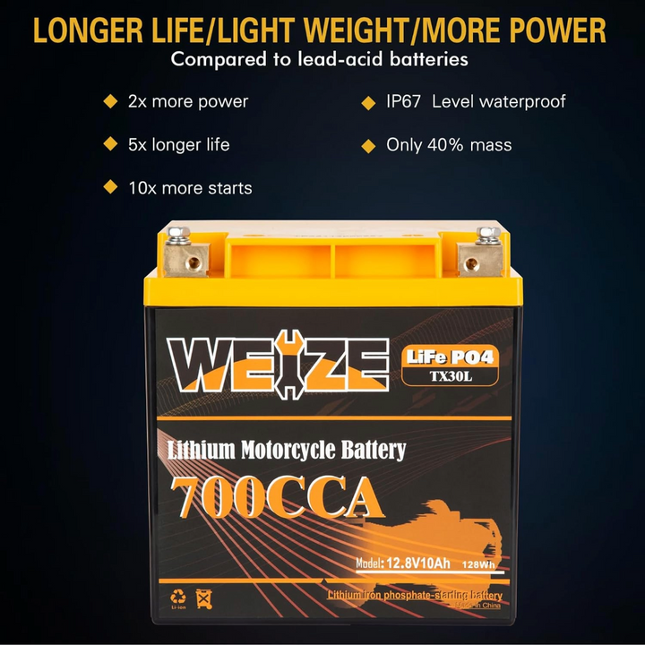 WEIZE 12V 10AH Lithium YTX30L-BS, 700CCA LiFePO4 YTX30L Motorcycle Battery, ATV, UTV, Jet Ski, Scooter, Lawn Mower, Tractor, Generator Battery, Built-in Smart BMS WEIZE