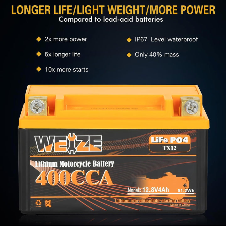 Weize Lithium YTX12, 400A LiFePO4 Motorcycle Battery, 12V 4AH ATV, UTV, Tractor, Generator, Scooter, Personal Watercraft, Seadoo, Jet Ski, Snowmobile and 4 Wheeler Battery WEIZE