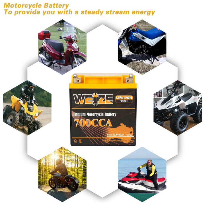 WEIZE 12V 10AH Lithium YTX30L-BS, 700CCA LiFePO4 YTX30L Motorcycle Battery, ATV, UTV, Jet Ski, Scooter, Lawn Mower, Tractor, Generator Battery, Built-in Smart BMS WEIZE