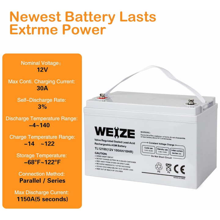 WEIZE New 12V 100AH AGM SLA Deep Cycle Battery (Light Grey) WEIZE