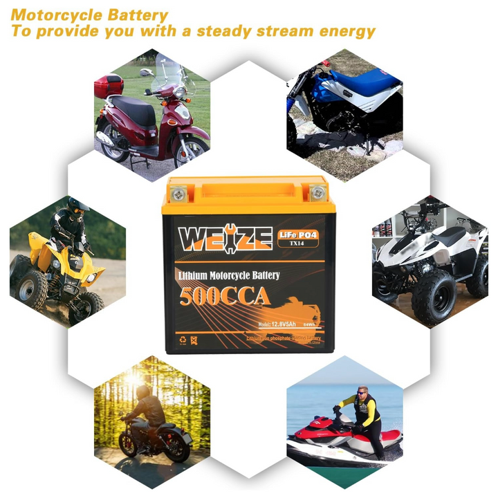 WEIZE 12V 5AH Lithium YTX14-BS, Group 14, 500A LiFePO4 Motorcycle Battery, ATV, UTV, Jet Ski, 4 Wheeler, Snowmobile, Personal Watercraft, Seadoo, Polaris, Generator and Riding Lawn Mower Battery WEIZE