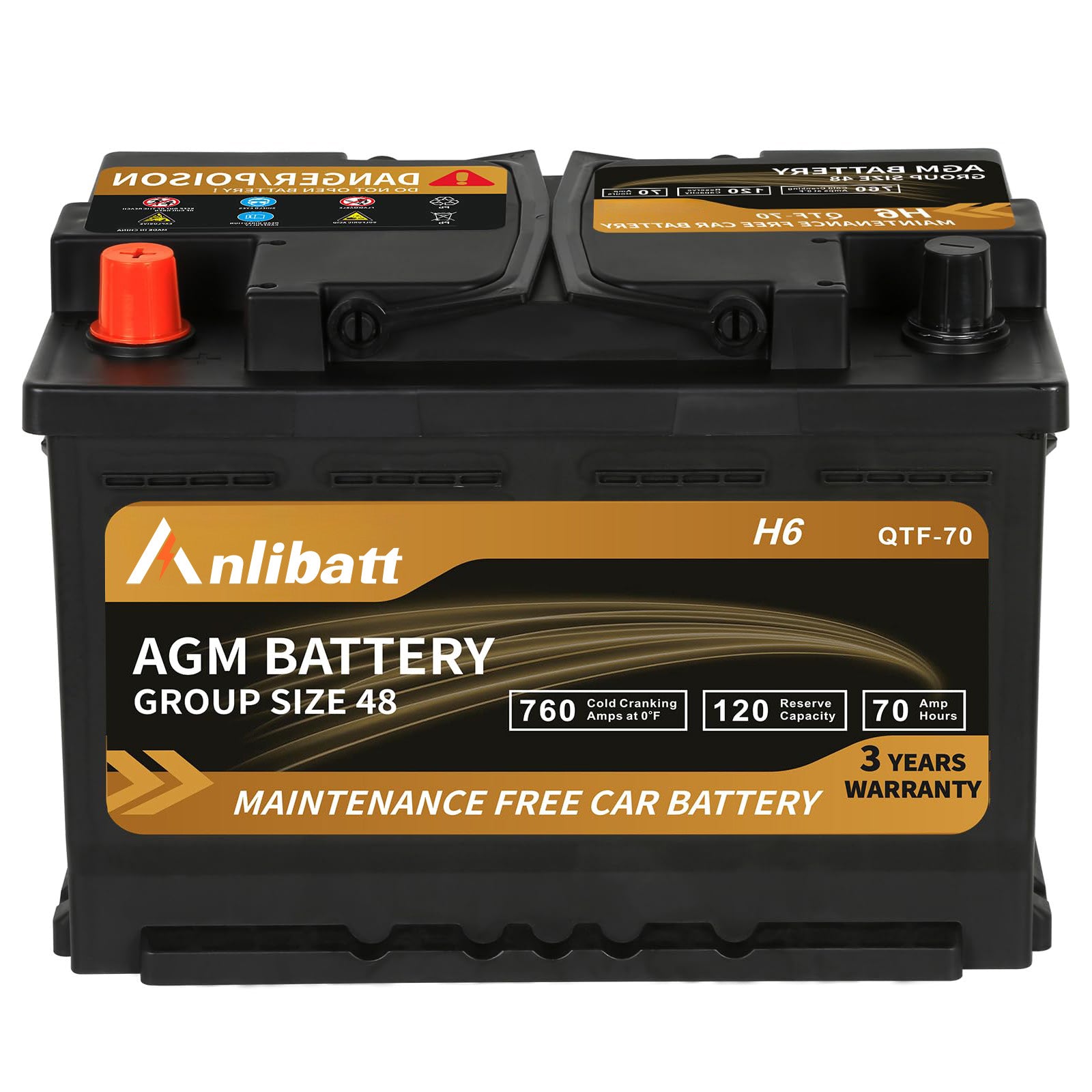 Anlibatt Platinum AGM Group 48 Battery, 12 Volt Rechargeable Automotive Batteries for Car, H6 760CCA 70Ah 120RC