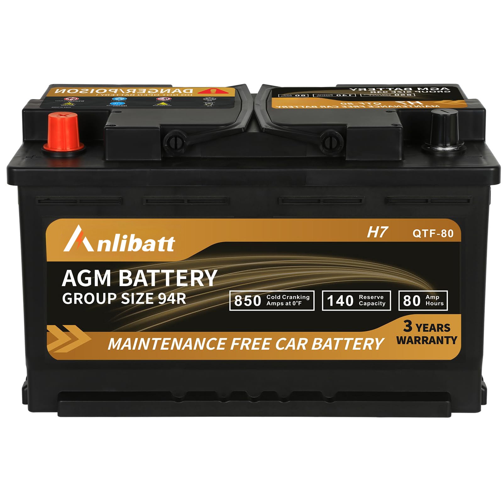 Anlibatt Platinum AGM Group 94R Battery, 12 Volt Rechargeable Automotive Batteries for Car, H7 850CCA 80Ah 140RC