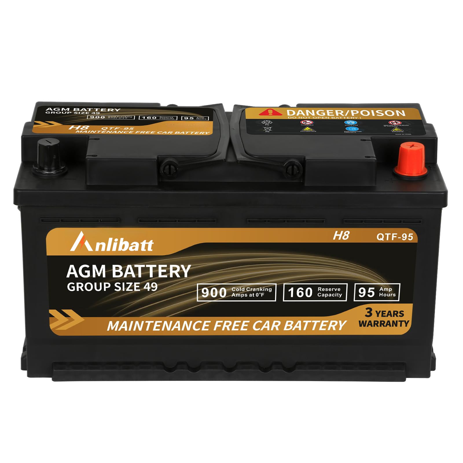 Anlibatt Platinum AGM Group 49 Battery, 12 Volt Rechargeable Automotive Batteries for Car, H8 900CCA 95Ah 160RC