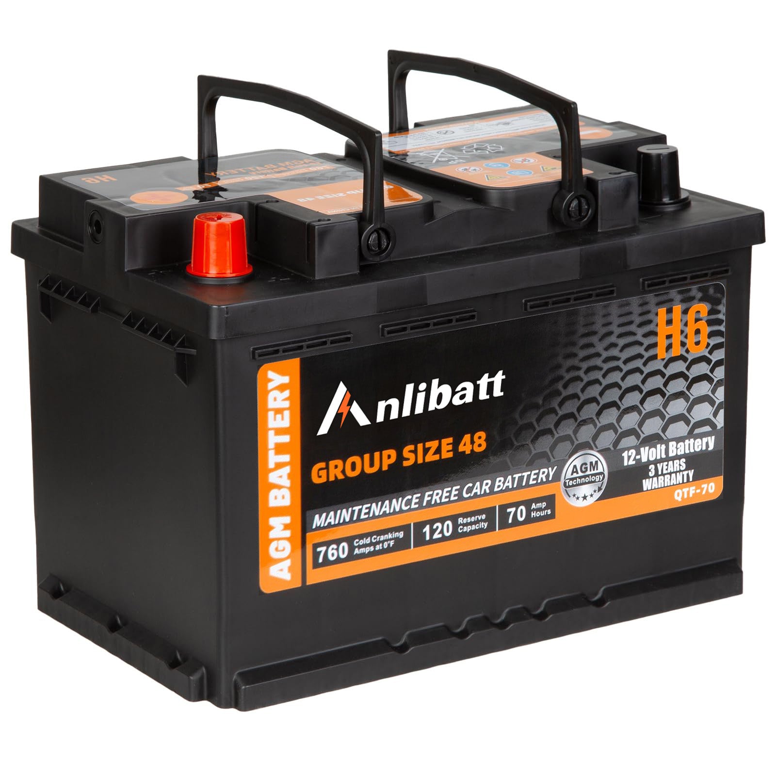 Anlibatt BCI Group 48 Battery, AGM 12 Volt Rechargeable Automotive Batteries for Car, H6 760CCA 70Ah 120RC, Maintenance Free