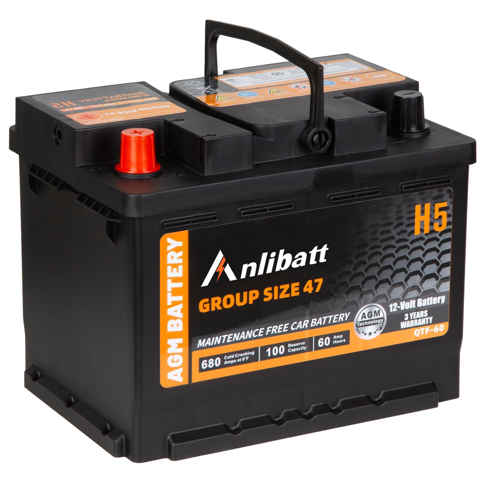 Anlibatt BCI Group 47 Battery, AGM 12 Volt Rechargeable Automotive Batteries for Car, H5 680CCA 60Ah 100RC, Maintenance-Free
