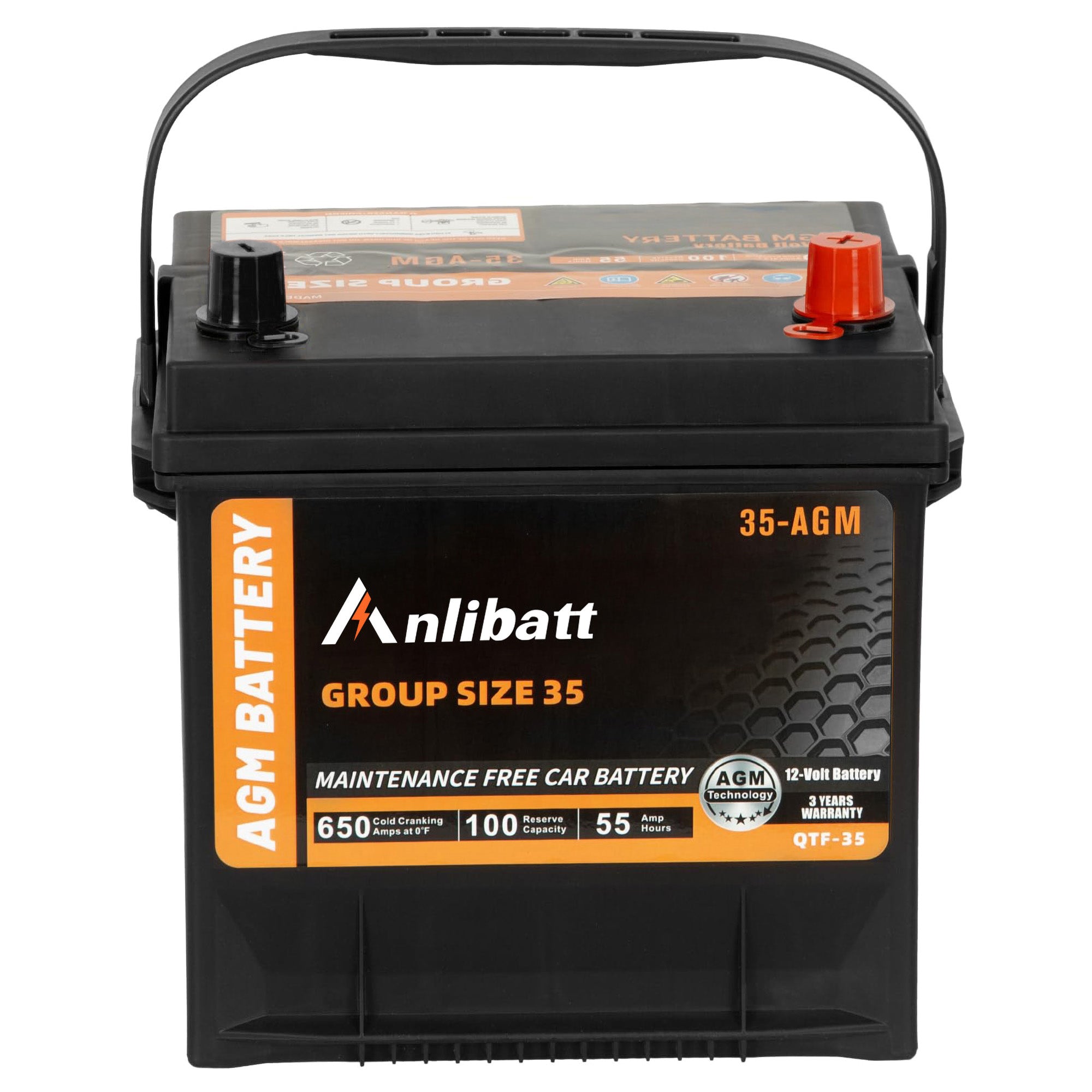 Anlibatt Car Start Stop Battery Group Size 35 650CCA AGM Maintenance Free 12V 55Ah 100RC Rechargeable High Performance Battery