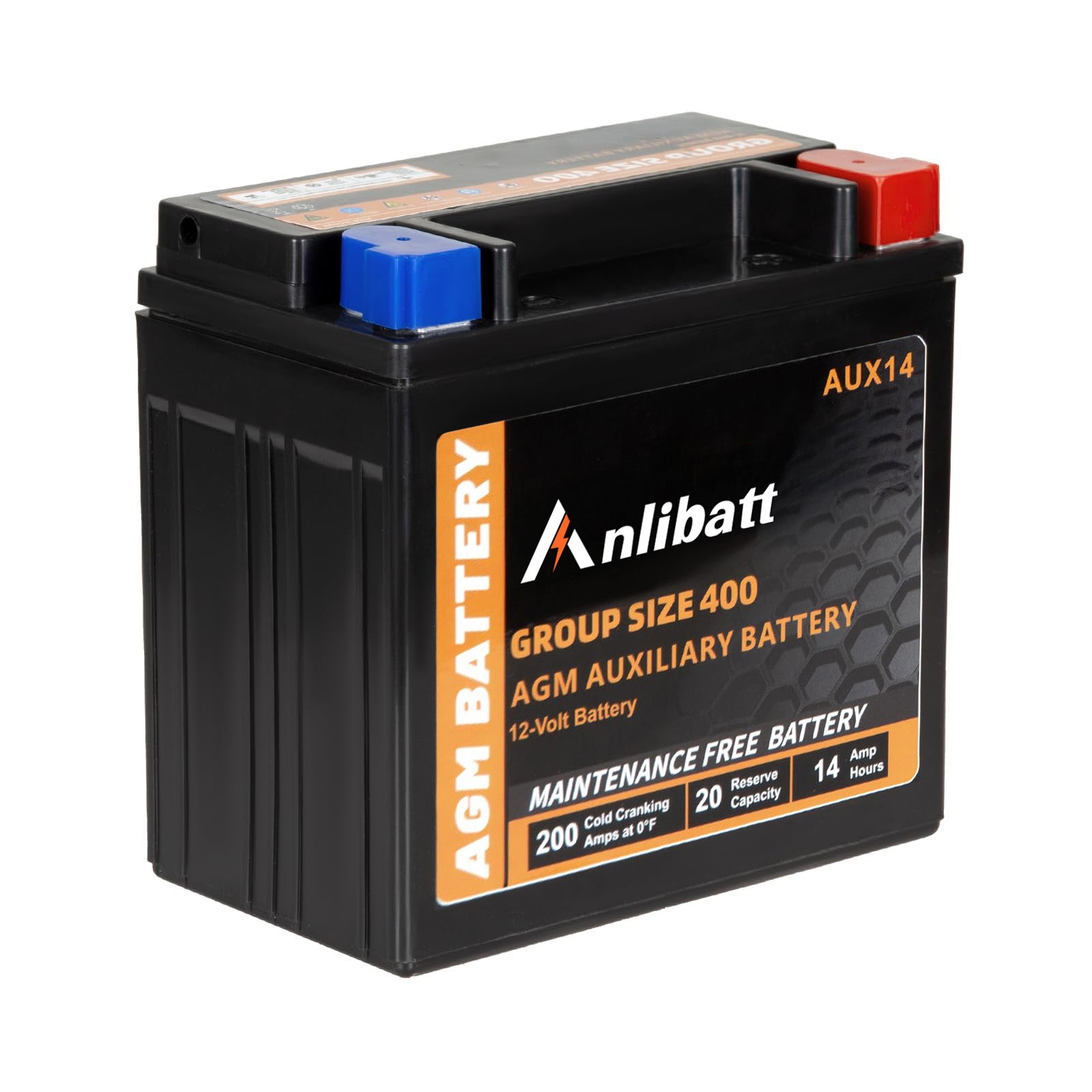 Anlibatt Auxiliary AUX14 AGM Battery, BCI Group 400 Batteries for Car, 12V 200CCA 14Ah 20RC Rechargeable, Maintenance Free