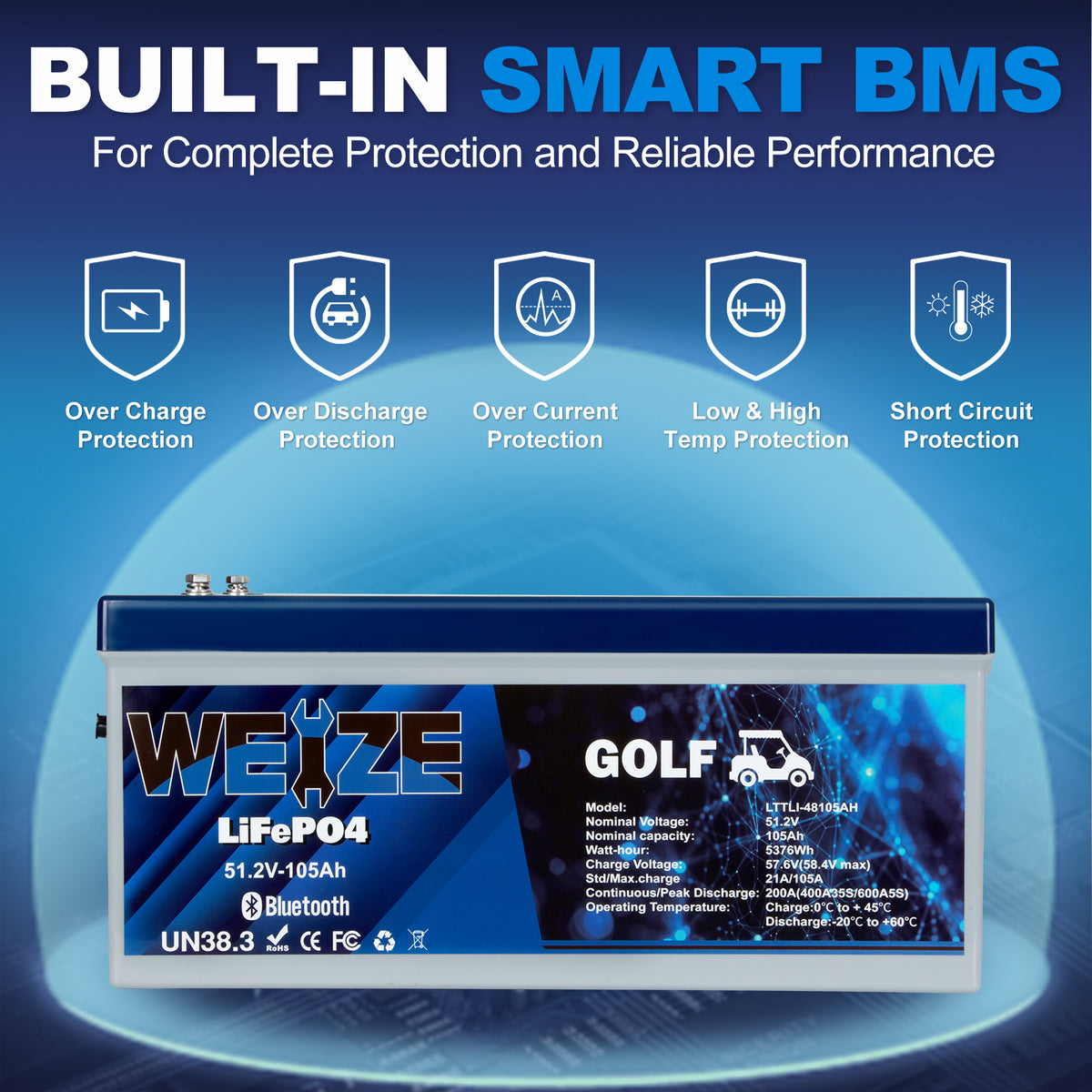 WEIZE 48V 105AH Bluetooth LiFePO4 Lithium Battery