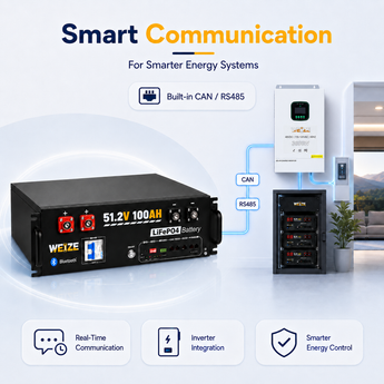 LiFePO4 Lithium Battery: WEIZE 51.2V 100Ah, Built-in 100A Smart BMS
