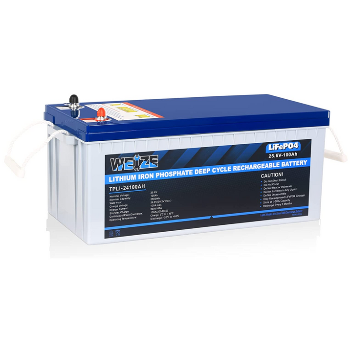 24V 100Ah LiFePO4 Lithium Battery, Built-in 100A Smart BMS - WEIZE