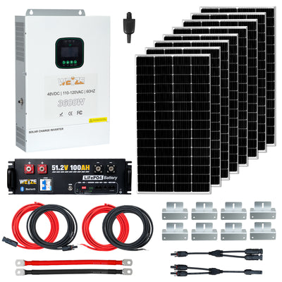 WEIZE 48V Essential Home Backup Solar Kit with 3600W Inverter Charger, 1600W Solar Panels & 5.12kWh LiFePO4 Battery