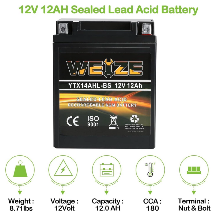 WEIZE YTX14AHL-BS 12V 12Ah High Performance-Rechargeable-Sealed Motorcycle Battery Compatible With Polaris Scrambler, Sportsman 90, Honda Scooters NQ50 Spree,Kawasaki 110 KLX110 Blue WEIZE