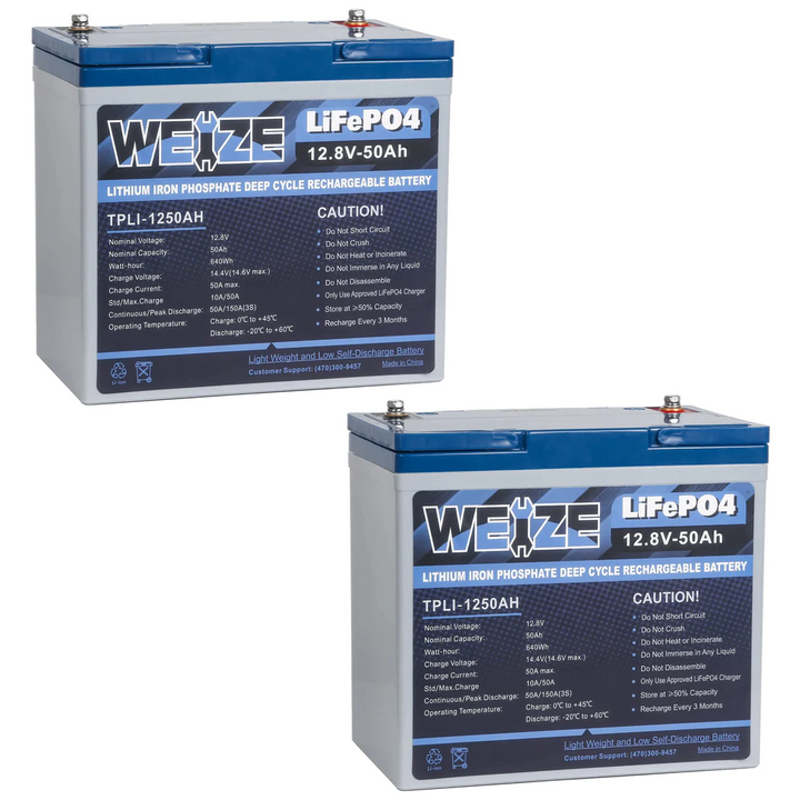 WEIZE 12V 50Ah LiFePO4 Lithium Battery, 8000+ Deep Cycles, Smart BMS, Perfect for RV, Solar, Marine, Overland/Van, and Off Grid Applications WEIZE