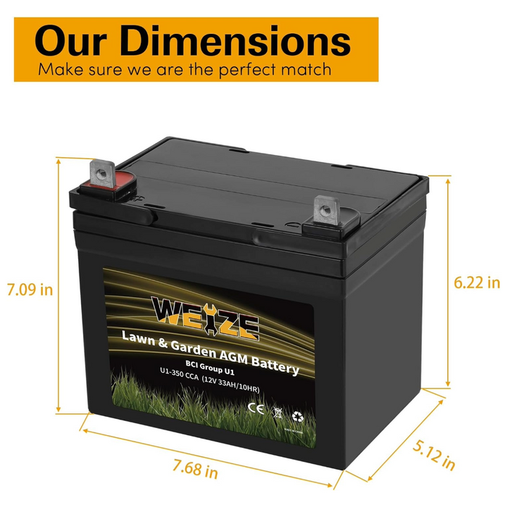Weize Lawn & Garden AGM Battery, 12V 350CCA BCI Group U1 SLA Starting Battery for Lawn, Tractors and Mowers, Compatible with John Deere, Toro, Cub Cadet, and Craftsman WEIZE