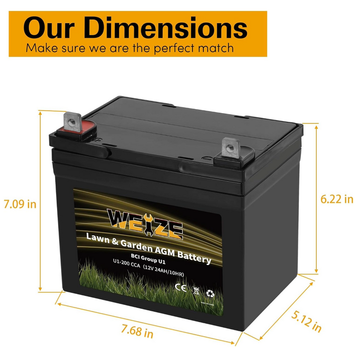 Weize Lawn & Garden AGM Battery, 12V 200CCA BCI Group U1 SLA Starting Battery for Lawn, Tractors and Mowers, Compatible with John Deere, Toro, Cub Cadet, and Craftsman WEIZE