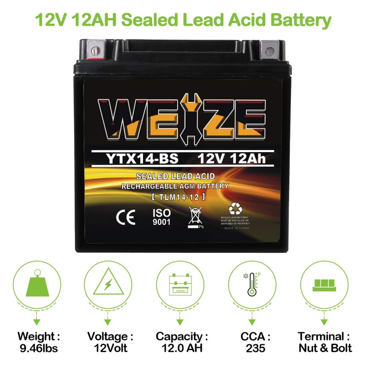 Weize YTX14-BS 12V 12Ah ATV Battery High Performance-Maintenance Free-Sealed AGM Motorcycle Battery compatible with Honda Suzuki Kawasaki Yamaha scooter snowmobile WEIZE