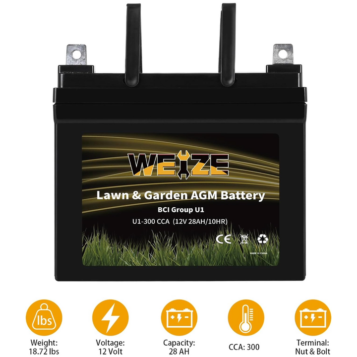 Weize Lawn & Garden AGM Battery, 12V 300CCA BCI Group U1 SLA Starting Battery for Lawn, Tractors and Mowers, Compatible with John Deere, Toro, Cub Cadet, and Craftsman WEIZE