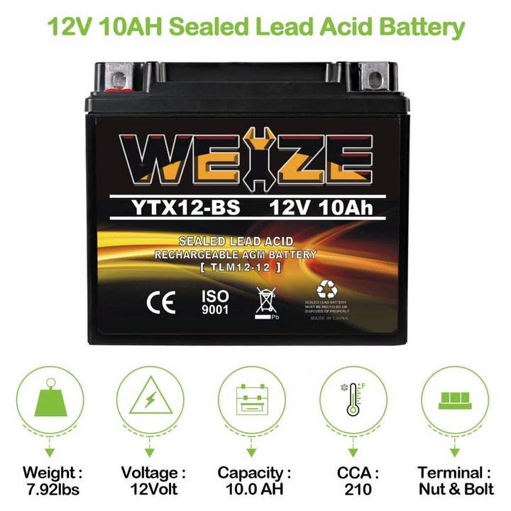 Weize 12V 10Ah Motorcycle Battery High Performance - Maintenance Free - Sealed YTX12 BS AGM Rechargeable ATV Batteries compatible with Honda Kawasaki Suzuki WEIZE