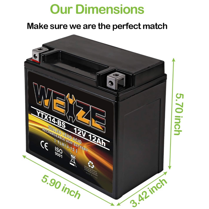 Weize YTX14-BS 12V 12Ah High Performance Motorcycle Battery