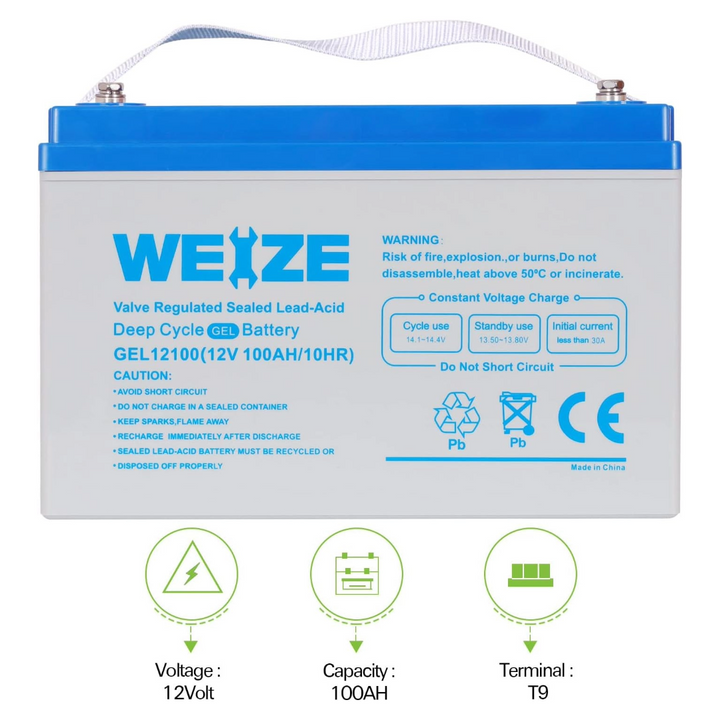 12V 100AH Deep Cycle Gel Battery Rechargeable for Solar, Wind, RV, Marine, Camping, Wheelchair, Trolling Motor and Off Grid Applications WEIZE