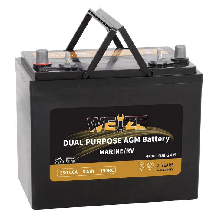 Weize 12V 79AH Dual Purpose AGM Battery, 150RC 550CCA BCI Group 24M Starter & Deep Cycle Sealed Marine & RV Battery WEIZE