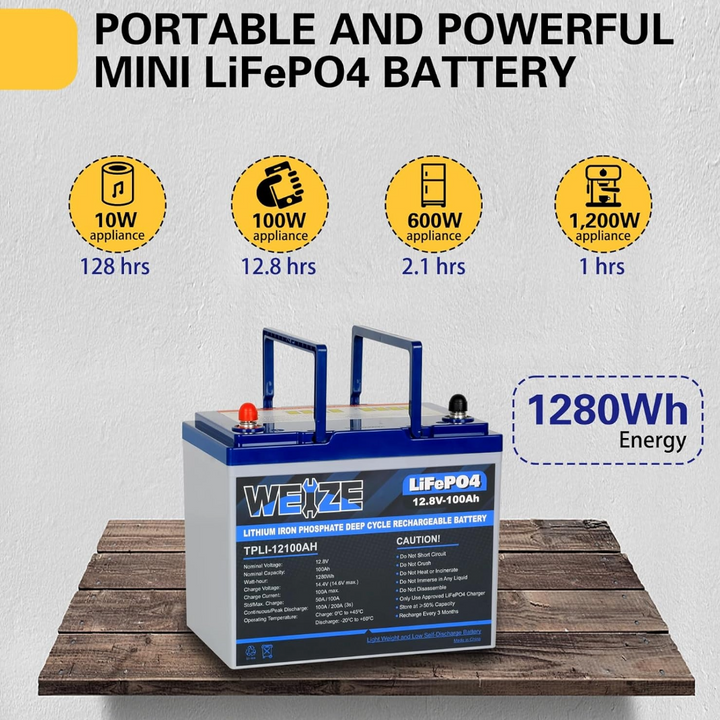 WEIZE 12V 100Ah Mini LiFePO4 Lithium Battery, Built-in 100A Smart BMS