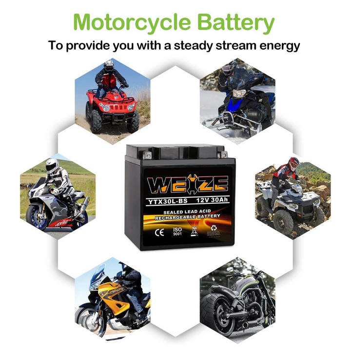 Weize YTX30L-BS 12V 30Ah Battery Replacement Yuasa YIX30L Motorcycle Battery-Factory Sealed-Maintenance Free-High Performance ETX30L BS For Harley Davidson Polaris Sportsman WEIZE