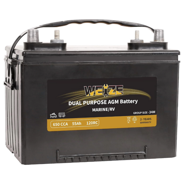 Weize 12V 55AH Dual Purpose AGM Battery, 650CCA BCI Group 34M Starter & Deep Cycle Sealed Marine & RV Battery WEIZE