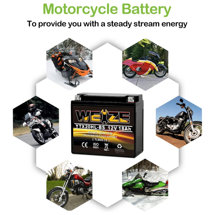 Weize YTX20HL-BS 12V 18Ah High Performance-Maintenance Free-Sealed AGM ETX20HL BS Motorcycle Battery WEIZE
