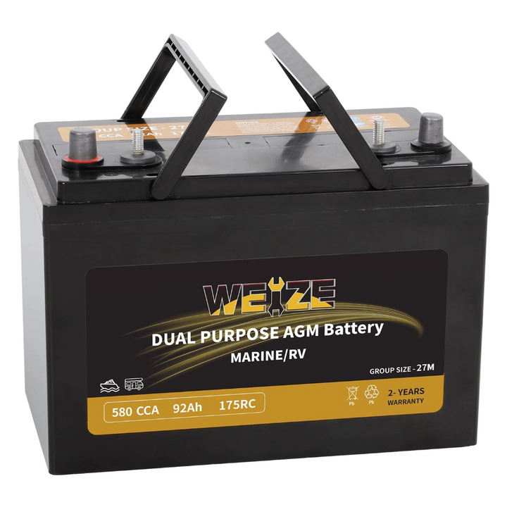 Weize 12V 92AH Dual Purpose AGM Battery, 175RC 580CCA BCI Group 27M Starter & Deep Cycle Sealed Marine & RV Battery WEIZE