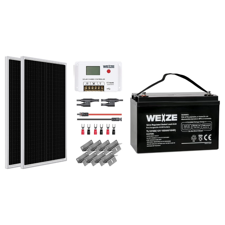 WEIZE 12V 200W Solar Panel Kit ( 2Pcs of 12V 100W ) Starter Kit High Efficiency Monocrystalline WEIZE
