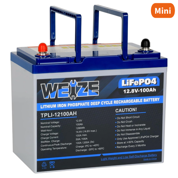 WEIZE 12V 100Ah Mini LiFePO4 Lithium Battery, Built-in 100A Smart BMS, Up to 8000 Cycles, Perfect for RV, Solar, Marine, Trolling Motor, and Off Grid Applications WEIZE