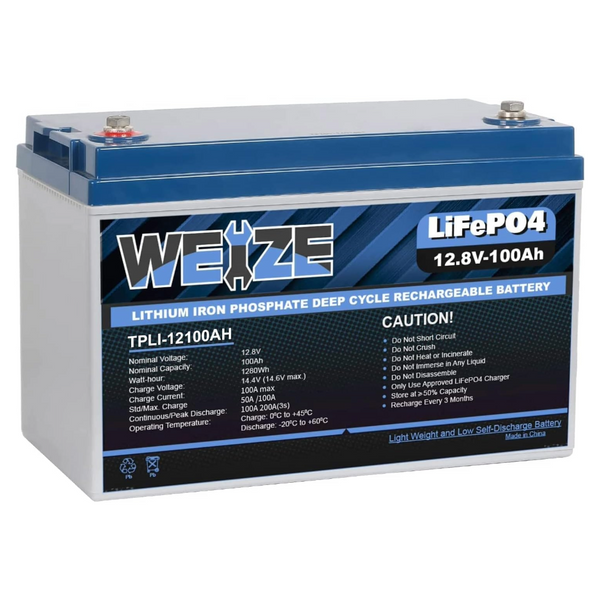 WEIZE 12V 100Ah 1280Wh Lithium Battery, Group 31 Deep Cycle LiFePO4 Battery for Trolling Motor, RV, Solar, Marine, Camping and Off Grid Applications