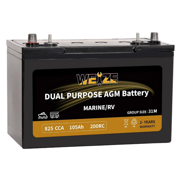 Weize 12V 105AH Dual Purpose AGM Battery, 200RC 825CCA BCI Group 31M Starter & Deep Cycle Sealed Marine & RV Battery WEIZE